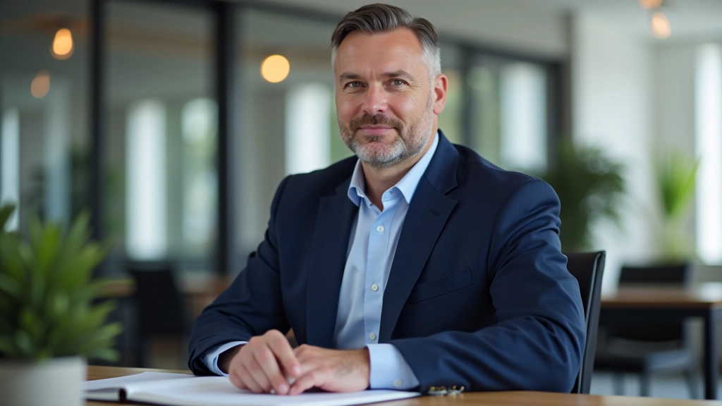 Professioneel portret van realistische zakenman, gekleed in navy blazer, zittend aan bureau met notitieboek en pen, modern kantoor, natuurlijke verlichting, scherp beeld, GEEN tekst, GEEN watermerken