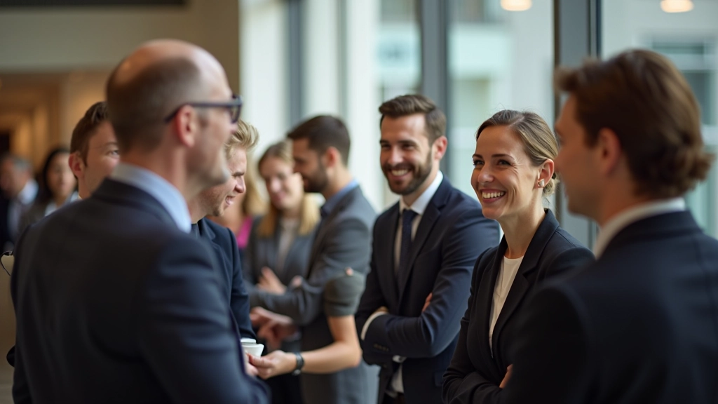 Groep diverse professionals lachen en praten informeel in kantoor lobby