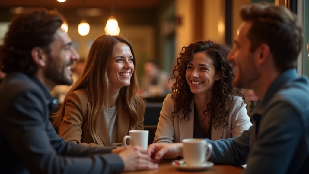 Groep van vier vriendelijke mensen die lachen en genieten van een informeel bijeenkomst in een cozy café setting