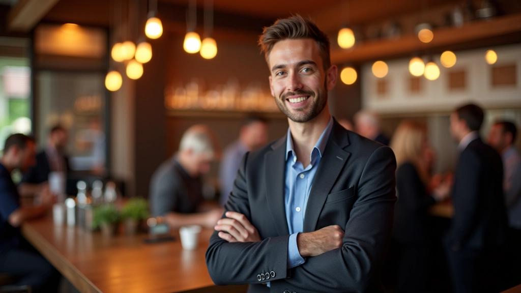 Persoon in professionele outfit staat zelfverzekerd bij een cocktailbar op een netwerkevenement, vriendelijke glimlach, natuurlijke verlichting