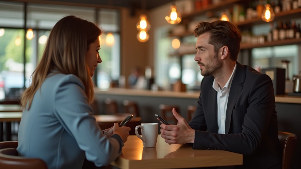 Man en vrouw in diepgaand gesprek in een café, beiden met volle aandacht, geen telefoons zichtbaar, warm natuurlijk licht