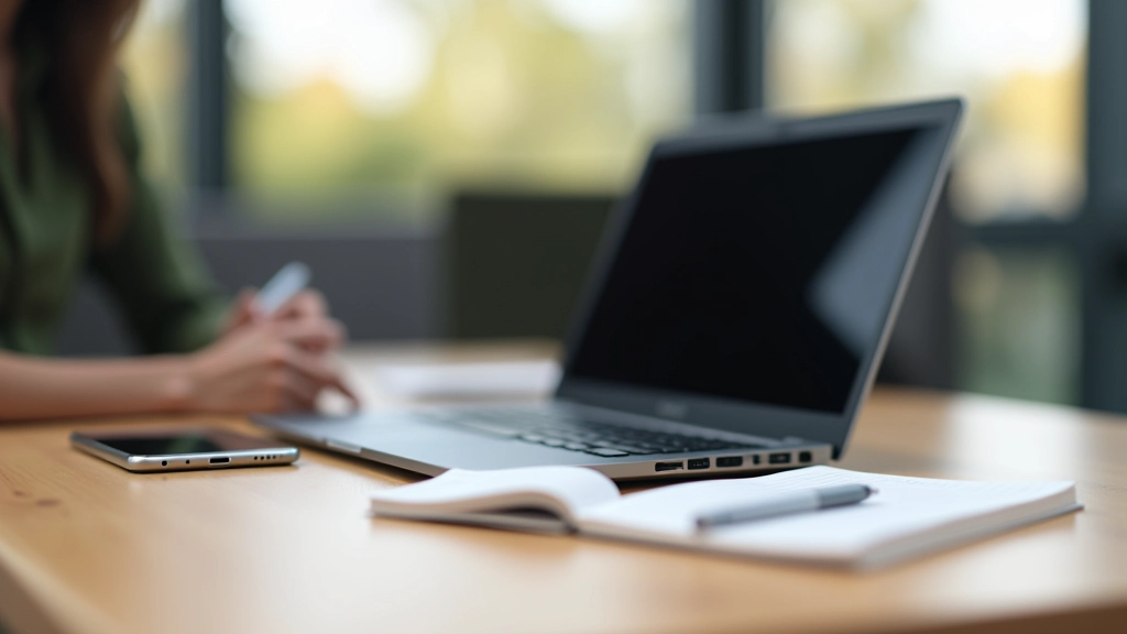 Laptop en smartphone op bureau met notitieboek, professioneel kantoor, schoon oppervlak, gelijkmatige verlichting, scherp beeld, GEEN tekst, GEEN watermerken