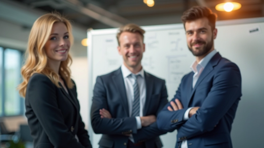 Groep van drie diverse professionals in kantoor setting, staande rond whiteboard met aantekeningen, warm kantoorlicht, scherp beeld, GEEN tekst, GEEN watermerken