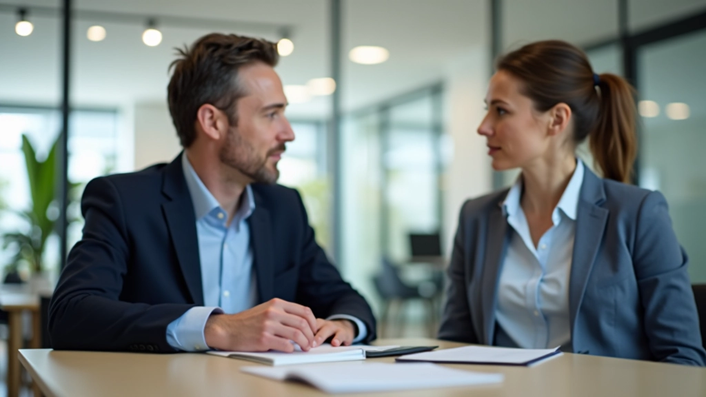 Twee professionals aan een tafel, één spreekt terwijl de ander luistert met volle concentratie, notitieblok zichtbaar, modern kantoor