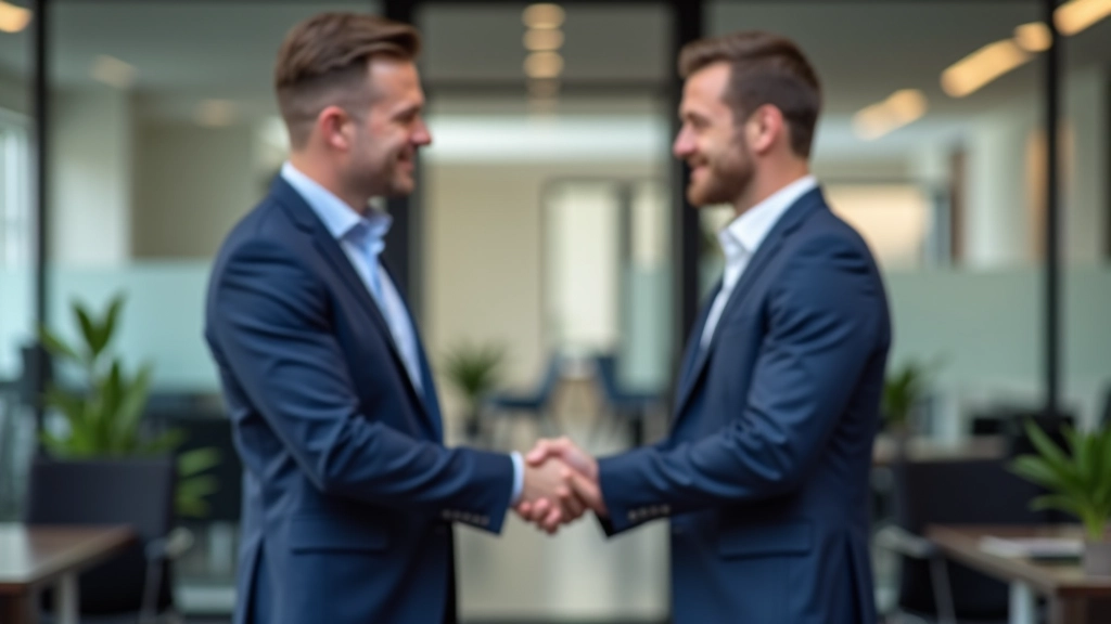 Twee mannen in zakenpak hebben een vriendelijk handshake op kantoor