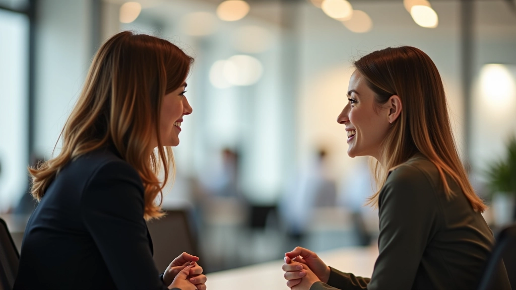 Close-up van twee mensen in een diepgaand gesprek, beide met oogcontact, ontspannen houding, warm kantoorlicht