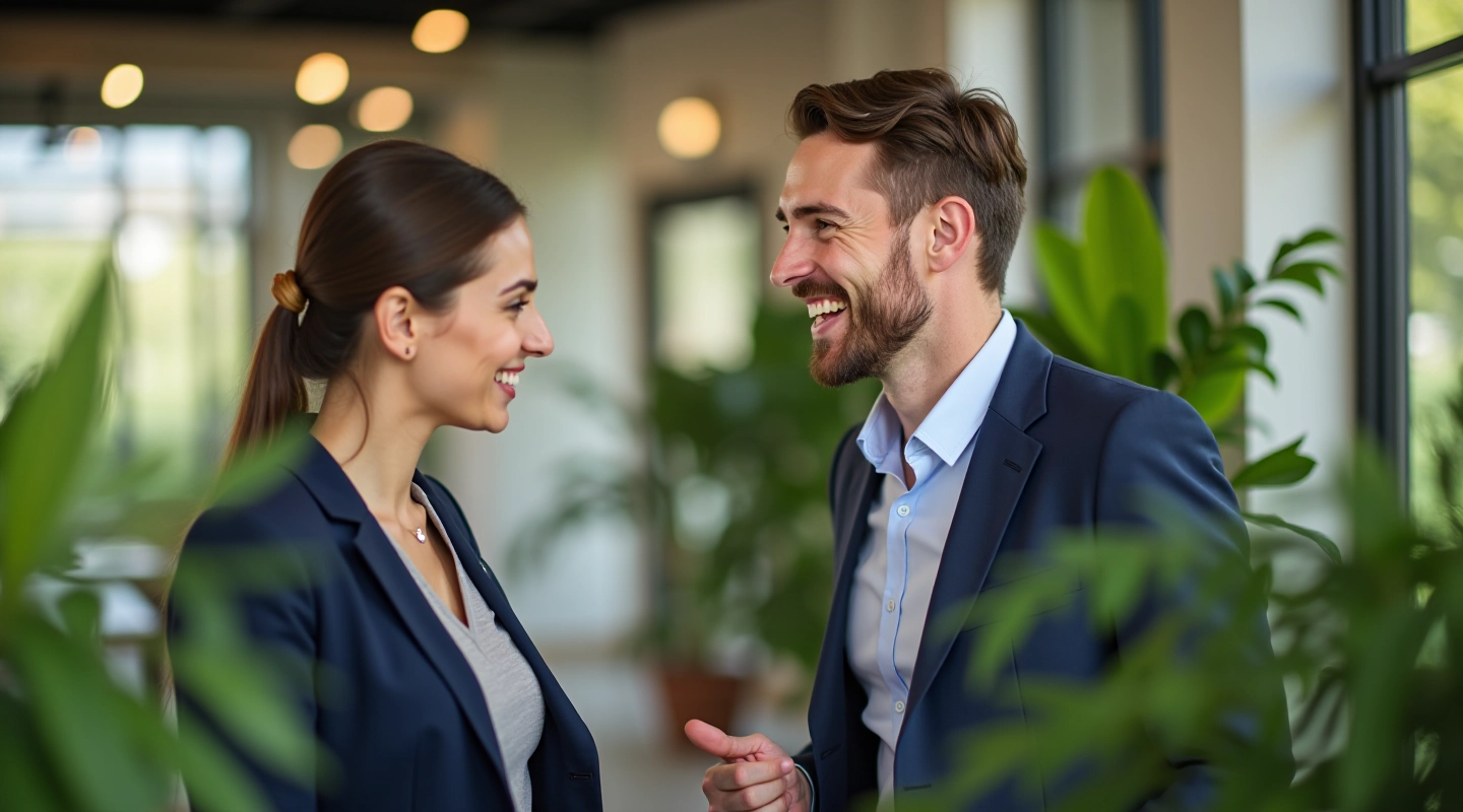 Twee professionals in zakelijke kleding hebben een vriendelijk gesprek op een kantoor met groene planten op de achtergrond