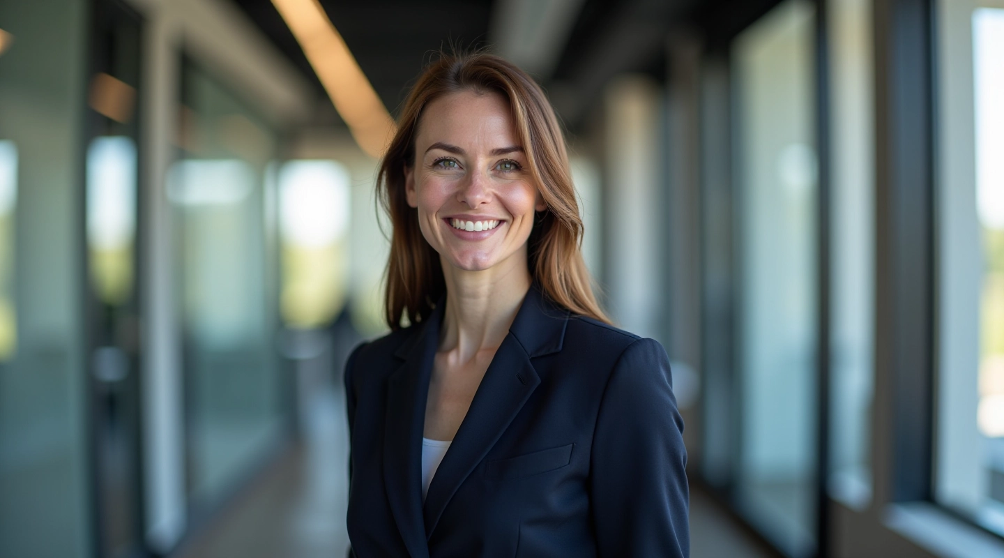 Professionele vrouw in zakenpak die vol vertrouwen staat met open lichaamstaal en directe oogcontact