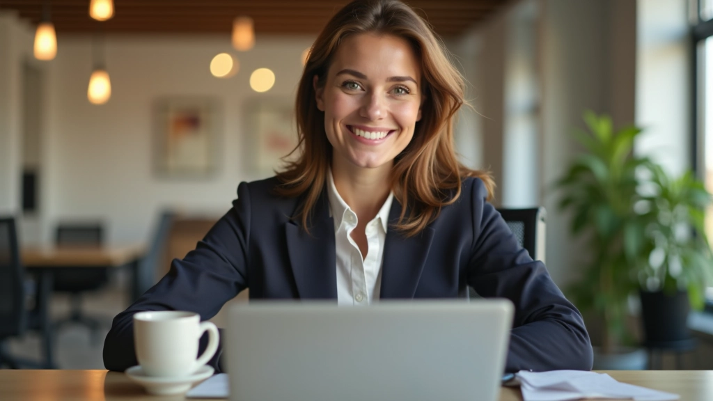 Vrouw die een e-mail schrijft op laptop, koffiekopje op bureau, kantoor achtergrond, warm natuurlijk licht, scherp beeld, GEEN tekst, GEEN watermerken