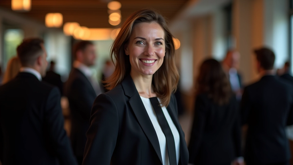 Vrouw in professionele donkere jurk staat zelfverzekerd op een bedrijfsevenement, rechtopstaande houding, vriendelijke uitdrukking, zachte verlichting