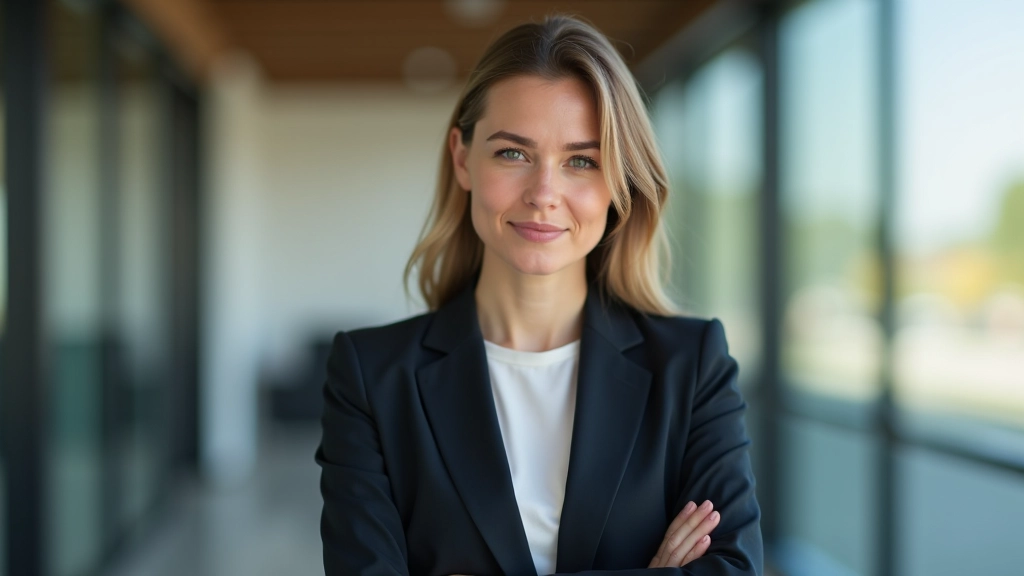 Professionele vrouw in zakenpak die vol vertrouwen staat met open lichaamstaal en directe oogcontact