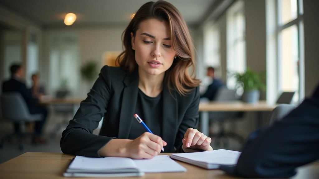 Vrouw die aandachtig luistert, notities maakt in een notitieboekje, focus en concentratie op haar gezicht, professionele kantooromgeving